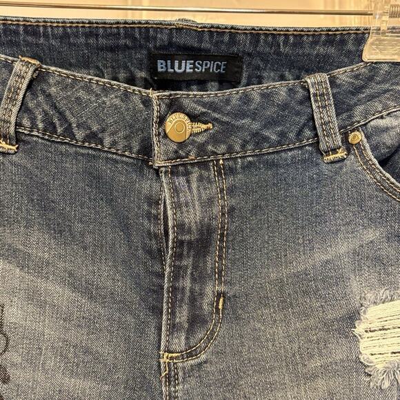 Blue Spice Womens 11 Jeans Embroidered Painted Straight Peace Distressed - Picture 6 of 15